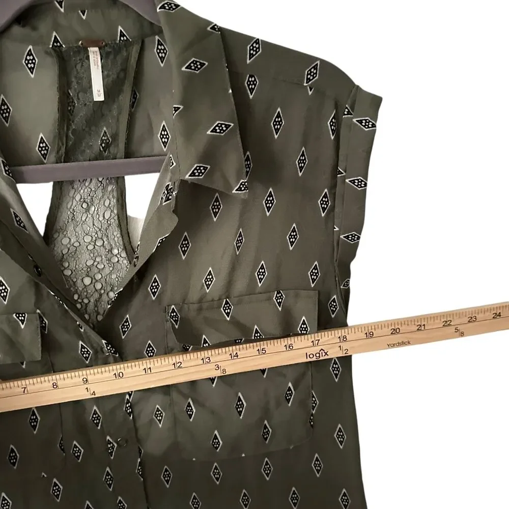 Free People Green and‎ Black Diamond Sheer V-Neck Sleeveless Midi Dress Size M - Picture 5 of 7